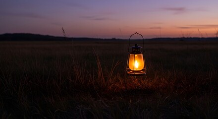 A glowing lantern in the middle of an empty field, symbol of hope.