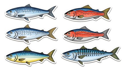 Whimsical, doodle-style fish stickers. Each sardine, salmon, and mackerel is rendered in bright crayon with a playful, child-like energy, celebrating Portugal's maritime charm.