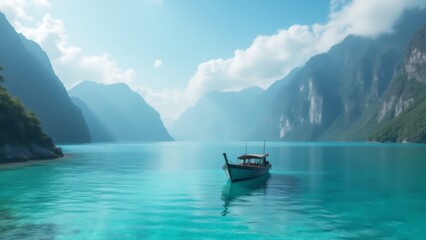 Obraz premium Serene Boat Anchored in Turquoise Waters Surrounded by Towering Mountains