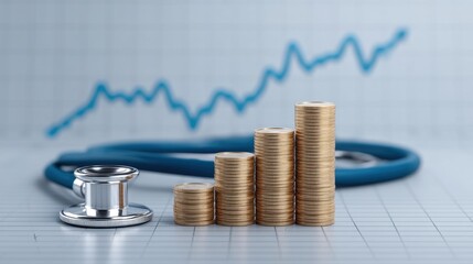 Stethoscope and Stacks of Coins Representing Financial Growth and Healthcare Investment with Graph in Background