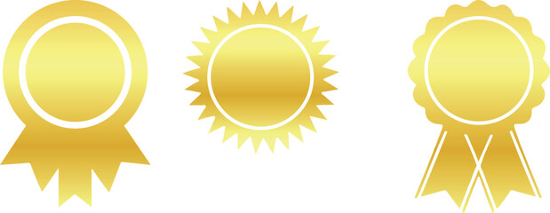 Three golden award ribbons represent achievement recognition and success in various fields perfect for websites and marketing materials