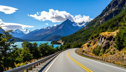 Fototapeta premium Scenic winding road hugs a turquoise lake, mountains rise in the background under a partly cloudy sky