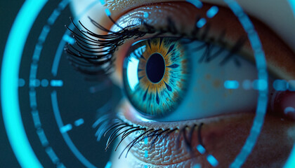 Close-up of a human eye with vibrant colors and digital scanning interface