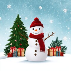 Cheerful Snowman with Christmas Tree and Gifts in Winter Scene