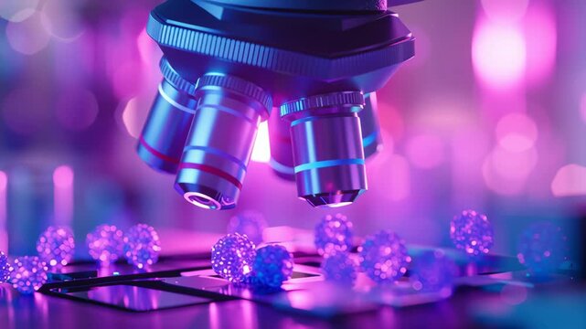Glowing purples and blues reveal ultra-realistic stem cells under a microscope, cinematic soft lighting, shallow depth, blurred background, high scientific detail.