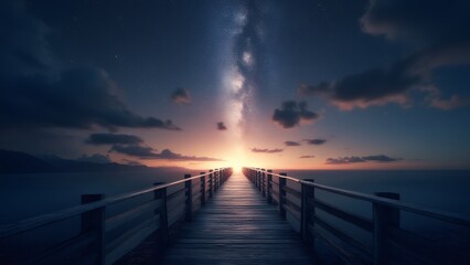 Obraz premium Wooden boardwalk stretches into the night sea under a starlit sky.
