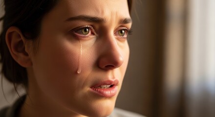 Fototapeta premium A woman crying in a dimly lit room with a window in the background.