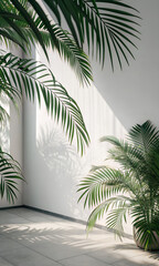 Tropical palm leaves shadow on white wall, minimal natural background