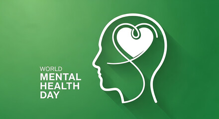 World Mental Health Day Conceptual Illustration with Brain Heart Connection and Green Background