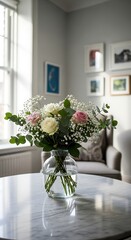 Bouquet of Roses and Baby's Breath in a Glass Vase