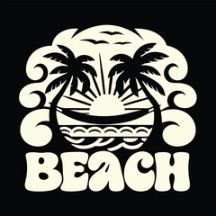 Vintage Beach Scene with Palm Trees and Retro Typography Depicting a Tropical Paradise with a Laid Back Vibe