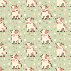 Pattern of cute cows in a meadow kawaii