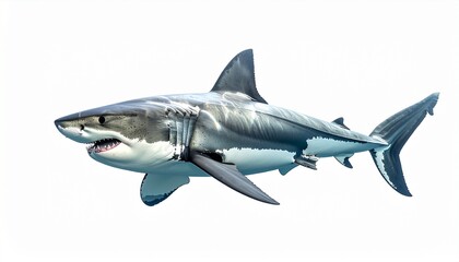 Great white shark with streamlined gray body sharp triangular teeth large dorsal fin and powerful aquatic predator sea animal isolated on white background
