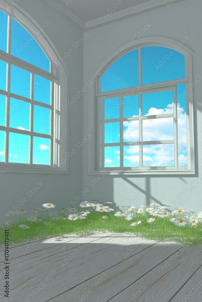 Poster a room with two windows and a view of a field of daisies