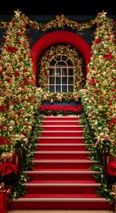 Extravagantly decorated Christmas staircase with trees and lights