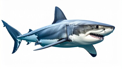 Naklejka premium Great white shark with streamlined gray body sharp triangular teeth large dorsal fin and powerful aquatic predator sea animal isolated on white background 