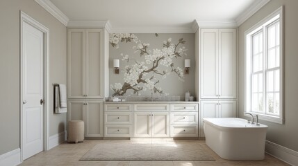 Fototapeta premium Elegant Bathroom Design Featuring Pale Color Palette, Floral Wall Mural, Modern Fixtures, and Natural Light for Serene and Tranquil Atmosphere