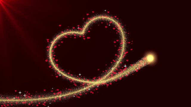 Elegant golden glitter light trail forming a glowing heart shape surrounded by red sparkling particles on a deep red background. Loop animation perfect for Valentine’s Day.