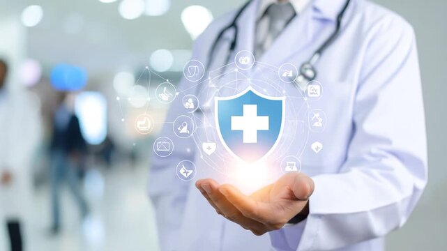 Doctor Holding Shield: Healthcare Protection, Medical Technology, and Digital Health Innovation