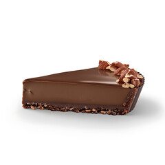 Slice of chocolate tart with pecan topping and crumb crust