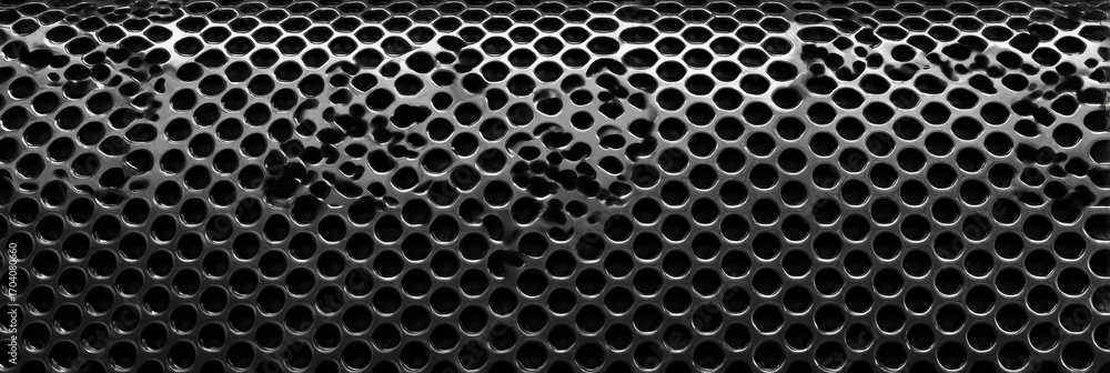 Poster Close-up View of Textured Metal Mesh Revealing Intricate Patterns and Reflections During the Day in an Industrial Setting