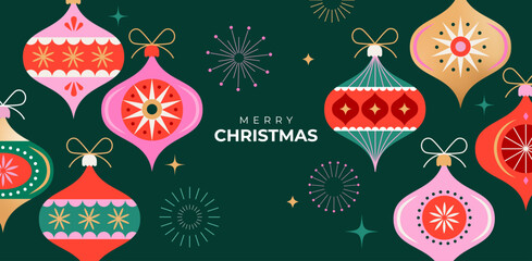 Colorful Christmas ornaments and vintage baubles. Banner background in modern minimalist geometric style.