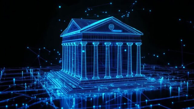 Hologram bank symbol floats on cyber grid, blockchain data flow and fintech security vibe, perfect stock footage for finance tech projects
