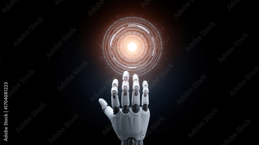 Poster futuristic robotic hand reaching towards a glowing digital orb representing advanced technology and 