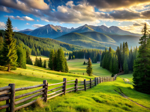 A scenic view of a mountain range with a wooden fence and lush green meadows and trees