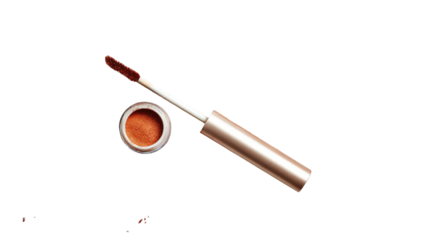 A metallic rose-gold lip gloss tube and a matching compact of blush