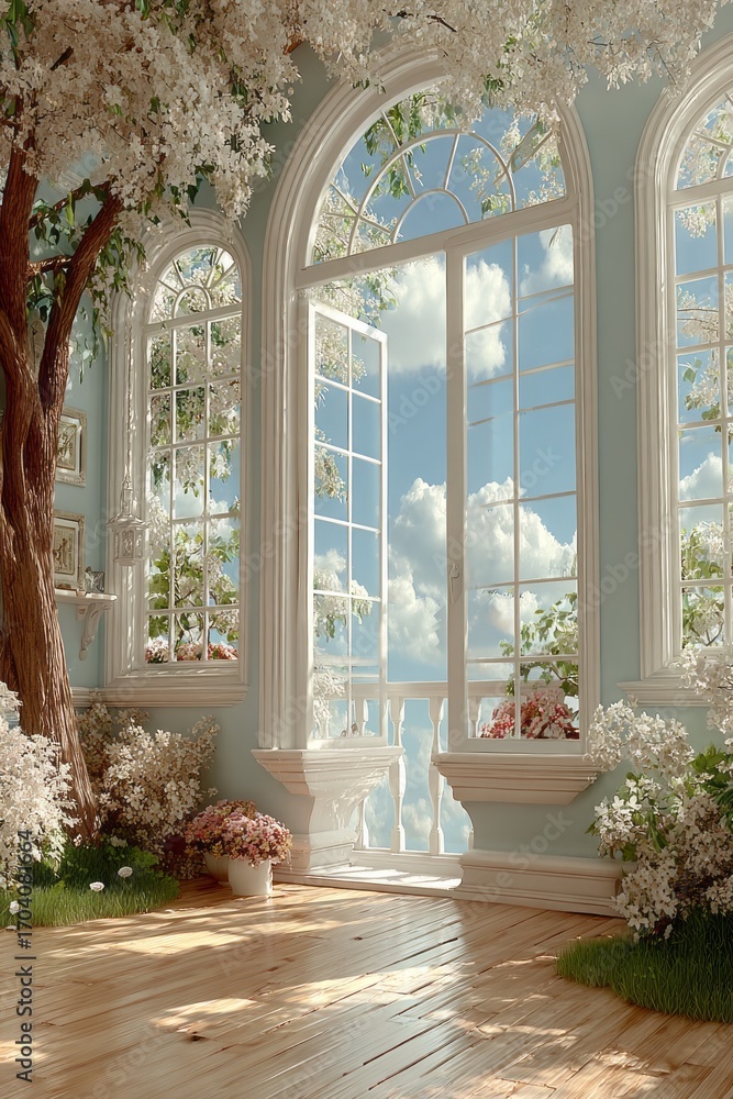 Poster a room with a tree in the corner and a view of the sky