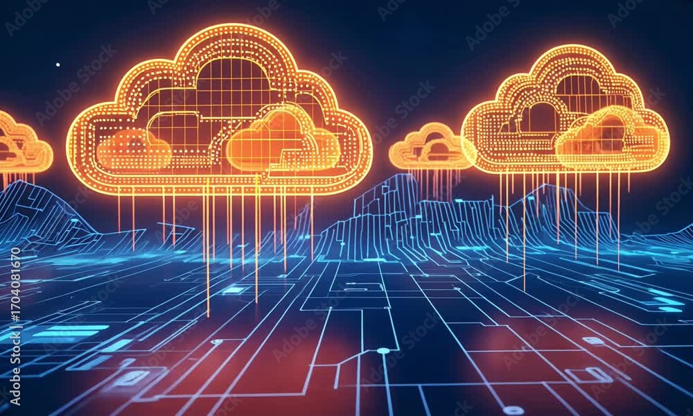 Poster glowing cloud formations above a digital landscape with circuit board like patterns below
