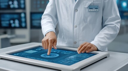 Medical Professional Interacting with Futuristic Touchscreen Technology in High-Tech Laboratory Setting