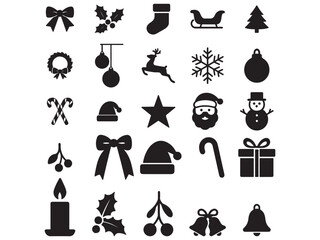 Christmas Silhouette Icon Set – Flat Black Holiday Elements Vector on White Background, Including Tree, Reindeer, Snowflake, Santa Hat, Snowman, Gift Box, Candy Cane, Ornaments, Bells, and Wreath