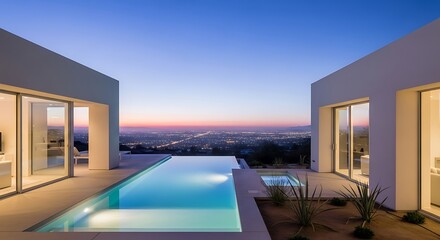 Fototapeta premium Modern villa with pool at dusk overlooking the city lights below