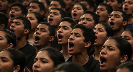 Obraz premium Large Group Singing with Open Mouths in Dark Setting for Choir or Performance
