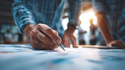 Obraz premium group of professional businesspeople brainstorming strategy ideas sharing documents and analyzing big data charts in office meeting for teamwork collaboration and project success
