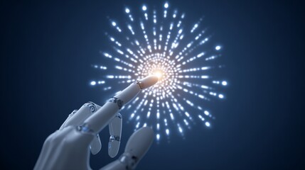 Robotic hand interacts with radiant point, surrounded by lights on dark background
