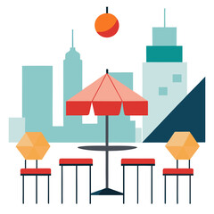 Geometric rooftop cafe with city skyline geometric furniture