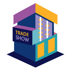 Geometric trade show booth with colorful panels geometric design