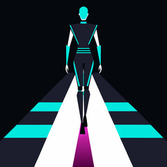 Holographic figure walks on futuristic runway fashion