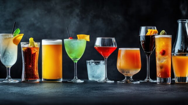 Colorful alcoholic and non alcoholic drinks on dark background