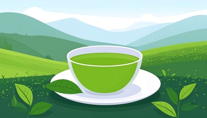 Green tea cup amidst green hills