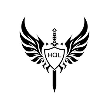 HQL  "Warrior Shield and Sword Emblem with Wings Logo," HQL Later Logo,  "Black Tribal Winged Sword Crest Vector," 
