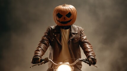Scary Pumpkin Head Rider on Motorcycle with Leather Jacket Captures Halloween Spirit in Atmospheric Setting, Eerie Background and Spooky Vibes Enhance the Scene