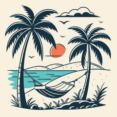 Tropical Beach Hammock Scene at Sunset with Palm Trees a Relaxing Getaway Cartoon Vector