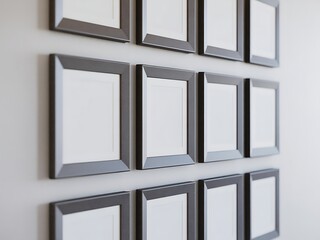 A grid of gray picture frames hangs on a white wall, creating a gallery wall effect, perfect for showcasing a collection of photos, artwork, or creating a personalized display in any room