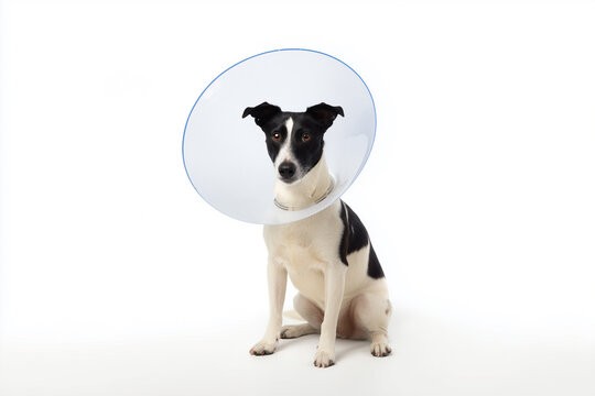 Dog wearing protective medical cone collar on white background