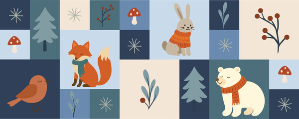 Winter Whimsical Bauhaus Horizontal Banner with Forest Animals, Geometric Shapes and Snowy Elements