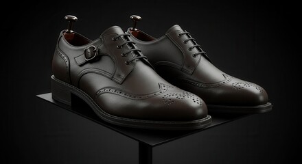 High-quality brown dress shoes with elegant brogue detailing on display, upscale and sophisticated design
